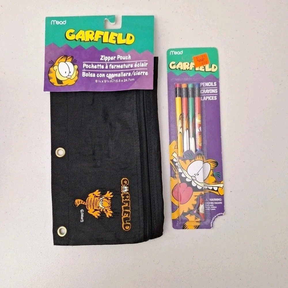 Vintage NEW 1990s Mead Embroidered Garfield Zipper Pouch Black & 4 No. 2 Pencils